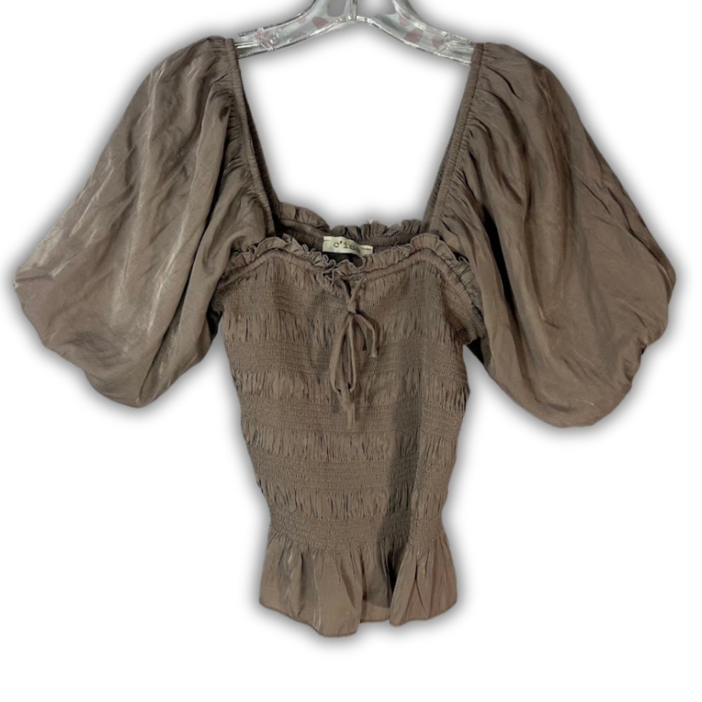 Cisa Women's M Brown Smocked Puff Sleeve Cottage‎ Top Peasant Milkmaid Coquette